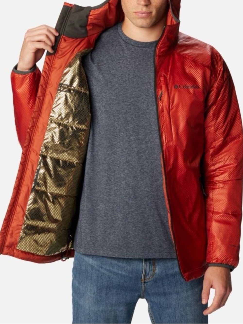 NEW Columbia Men's Red Hooded Puffer Jacket with Gold Lining